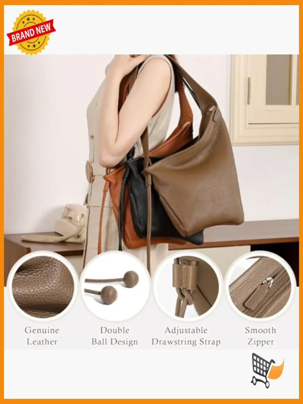 Genuine Leather Hobo Bag Medium Tote Slouchy Shoulder Crossbody Purse